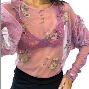 Zara Balloon Sleeve sheer long sleeve Top